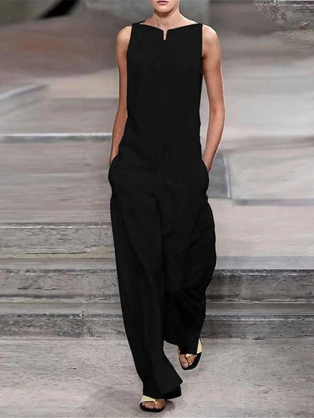 White Jumpsuits For Women Summer Dressy Clean Fit White Pocket Solid Color Crew Neck Streetwear Street Elegant Daily Regular Fit Sleeveless Black Wine S M L Summer 2 White Jumpsuits For Women Summer Dressy Clean Fit White Pocket Solid Color Crew Neck Streetwear Street Elegant Daily Regular Fit Sleeveless Black Wine S M L Summer - Image 2