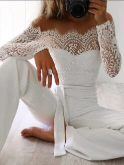 Women's Jumpsuit Lace Backless Color Block Off Shoulder Streetwear Wedding Party Regular Fit Long Sleeve Black White S M L Fall -Cheap Plus Fit Dress Store ucchfq1663234858744