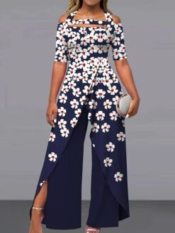 Women's Jumpsuit Maillard Print Floral Off Shoulder Elegant Party Wide Leg Regular Fit Short Sleeve Pink Navy Blue Royal Blue S M L Summer Fall -Cheap Plus Fit Dress Store uceipu1685017509161