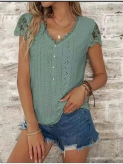 Women's Shirt Blouse Pale Pinkish Gray Black White Plain Lace Button Short Sleeve Casual Basic V Neck Regular Fit -Cheap Plus Fit Dress Store uckocn1681904306603