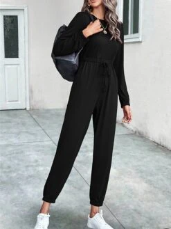 Women's Jumpsuit Drawstring Solid Color Crew Neck Streetwear Street Daily Regular Fit 3/4 Length Sleeve Black Red S M L Fall -Cheap Plus Fit Dress Store ucptzl1690941131582