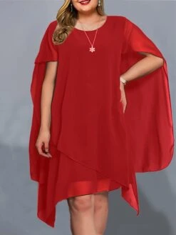 Women‘s Plus Size Curve Work Dress Chiffon Dress Solid Color Midi Dress Short Sleeve Asymmetric Crew Neck Elegant Office Black Red Summer Spring L XL XXL 3XL 4XL -Cheap Plus Fit Dress Store udbwiy1681789460394