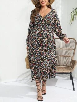 Women's Plus Size T Shirt Dress Casual Dress Floral Dress Floral Print V Neck Midi Dress Fashion Streetwear Outdoor Street Long Sleeve Loose Fit Rainbow Fall Winter XL XXL 3XL 4XL 5XL -Cheap Plus Fit Dress Store udfbgi1692064767241