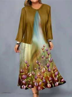 Women's Christmas Plus Size Curve Casual Dress Dress Set Two Piece Dress Floral Midi Dress Long Sleeve Print Crew Neck Fashion Outdoor Wine Blue Fall Winter L XL XXL 3XL 4XL -Cheap Plus Fit Dress Store udfqkl1697170160272