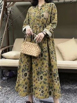 Women's Casual Dress Cotton Linen Dress Swing Dress Maxi Long Dress Linen Cotton Blend Daily Casual Outdoor Daily Vacation Split Neck Button Print Long Sleeve Spring Fall Winter 2023 Loose Fit Yellow -Cheap Plus Fit Dress Store udhnjw1695284228859
