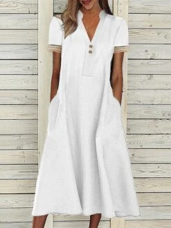 Women's Casual Dress Cotton Linen Dress White Dress Maxi Long Dress Cotton Blend Basic Modern Outdoor Daily Split Neck Patchwork Button Short Sleeve Summer Spring 2023 Regular Fit White Plain S M L