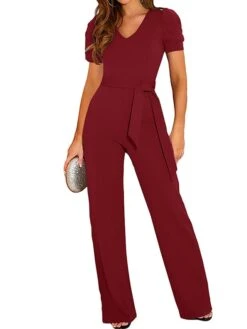 Women's Jumpsuit Lace Up Solid Color V Neck Streetwear Holiday Vacation Regular Fit Short Sleeve Black Wine Red S M L Spring -Cheap Plus Fit Dress Store udmjmc1673405782367