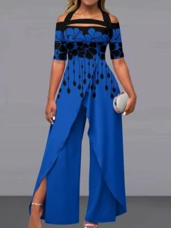 Women‘s Jumpsuit Print Floral Off Shoulder Pink Fall Winter Elegant Wedding Party Wide Leg Regular Fit Short Sleeve White Royal Blue S M L Summer -Cheap Plus Fit Dress Store udrbhn1686908762341