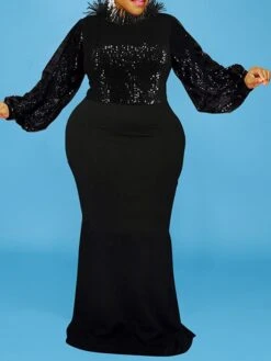 Women‘s Plus Size Curve Party Dress Solid Color Stand Collar Long Sleeve Winter Fall Elegant Formal Maxi Long Dress Party Evening Party Dress -Cheap Plus Fit Dress Store udxazg1671416170613