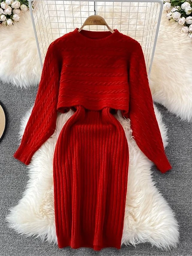 Women's Two Piece Dress Set Casual Dress Sheath Dress Outdoor Daily Fashion Streetwear Ruched Midi Dress Crew Neck Long Sleeve Plain Loose Fit Black White Wine Fall Winter One-Size 8 Women's Two Piece Dress Set Casual Dress Sheath Dress Outdoor Daily Fashion Streetwear Ruched Midi Dress Crew Neck Long Sleeve Plain Loose Fit Black White Wine Fall Winter One-Size - Image 8