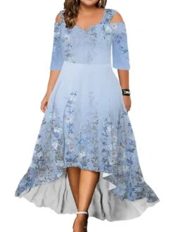 Women‘s Plus Size Curve Party Dress Wedding Guest Dress Swing Dress Long Dress Maxi Dress Light Green Blue Green Half Sleeve Floral Cold Shoulder Summer Spring Fall V Neck Fashion Birthday -Cheap Plus Fit Dress Store uetlrx1690858081237