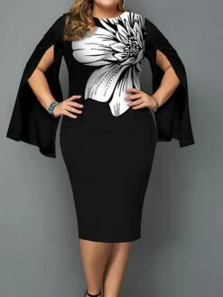 Women's Plus Size Curve Party Dress Winter Dress Bodycon Floral Midi Dress Long Sleeve Crew Neck Fashion Party Black Fall Winter XL XXL 3XL 4XL 5XL