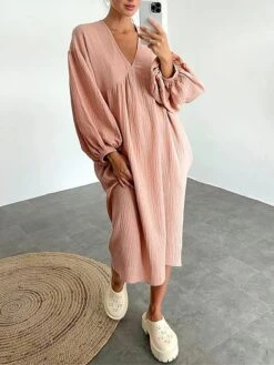 Women's Casual Dress Cotton Dress Loose Dress Midi Dress Linen / Cotton Blend Basic Classic Outdoor Daily Vacation V Neck Basic Long Sleeve Summer Spring Fall 2023 Loose Fit White Pink Blue Plain S M -Cheap Plus Fit Dress Store ufzliw1690872874840