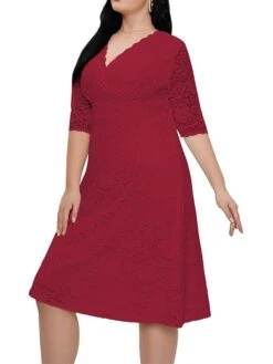 Women‘s Plus Size Curve Party Dress Lace Dress White Dress Solid Color Midi Dress Half Sleeve Lace V Neck Fashion Party White Red Summer Spring XL XXL 3XL 4XL 5XL -Cheap Plus Fit Dress Store ugekzv1681204550044