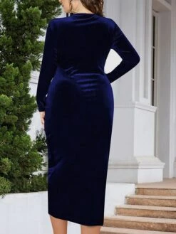 Women's Plus Size Party Dress Velvet Dress Cocktail Dress Midi Dress Black Wine Dark Green Long Sleeve Pure Color Ruched Spring Fall Winter V Neck Fashion Winter Dress Wedding Guest Birthday 2023 XL -Cheap Plus Fit Dress Store ugjyrk1692000450505