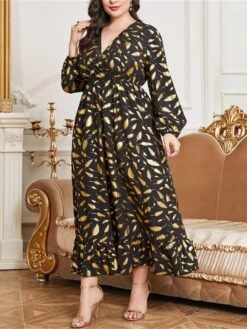 Women's Plus Size Prom Dress Party Dress Wedding Guest Dress Long Dress Maxi Dress Black Long Sleeve Print Ruched Fall Winter Autumn V Neck Fashion Winter Dress Evening Party Wedding Guest 2023 L XL -Cheap Plus Fit Dress Store uglfbi1693535311291