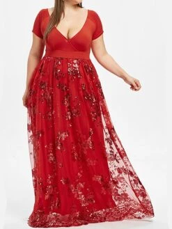 Women's Plus Size Swing Dress Solid Color V Neck Layered Short Sleeve Fall Prom Dresses Maxi Long Dress Party Dress -Cheap Plus Fit Dress Store ugueyf1629106117225