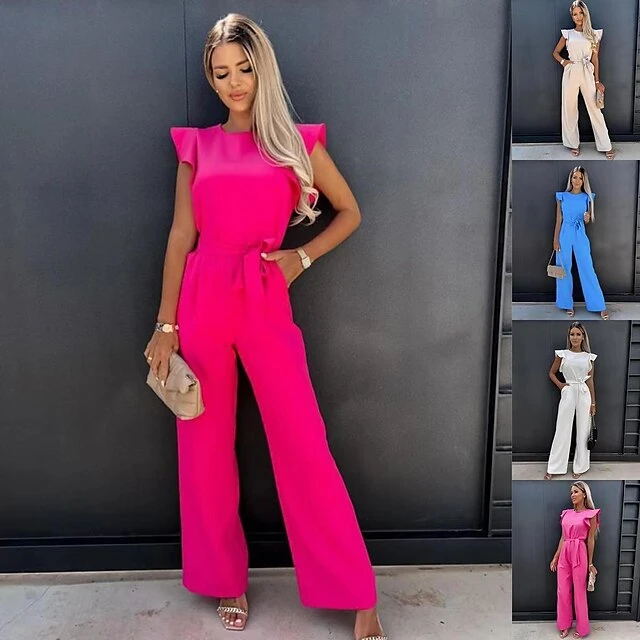 Women's Jumpsuit Ruffle Solid Color Crew Neck Elegant Vacation Going Out Wide Leg Regular Fit Sleeveless Blue Pink Khaki S M L Spring 1 Women's Jumpsuit Ruffle Solid Color Crew Neck Elegant Vacation Going Out Wide Leg Regular Fit Sleeveless Blue Pink Khaki S M L Spring