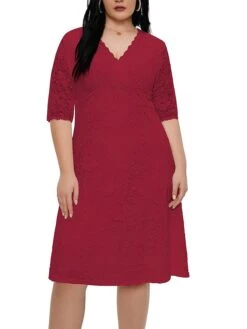 Women‘s Plus Size Curve Party Dress Lace Dress White Dress Solid Color Midi Dress Half Sleeve Lace V Neck Fashion Party White Red Summer Spring XL XXL 3XL 4XL 5XL -Cheap Plus Fit Dress Store ugzmlp1681204549247
