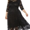 Women‘s Plus Size Curve Party Dress Black Dress Floral Crew Neck Lace 3/4 Length Sleeve Spring Fall Work Prom Dress Midi Dress Party