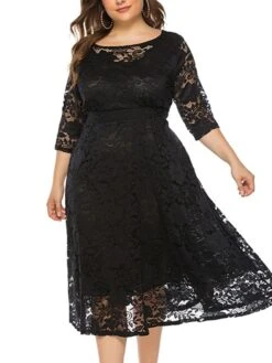 Women‘s Plus Size Curve Party Dress Black Dress Floral Crew Neck Lace 3/4 Length Sleeve Spring Fall Work Prom Dress Midi Dress Party