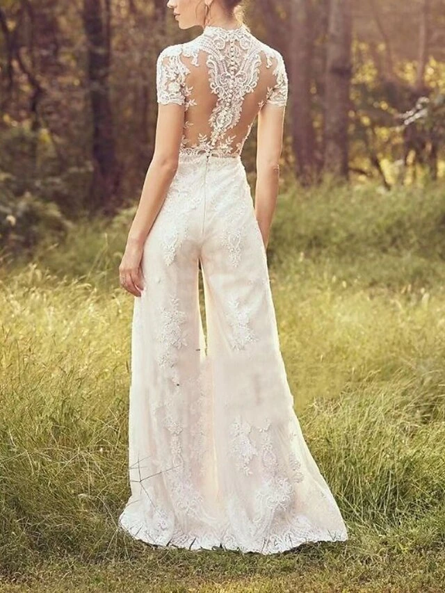 Women's Jumpsuit Lace Solid Color Stand Collar Elegant Wedding Party Regular Fit Short Sleeve White S M L Summer 2 Women's Jumpsuit Lace Solid Color Stand Collar Elegant Wedding Party Regular Fit Short Sleeve White S M L Summer - Image 2