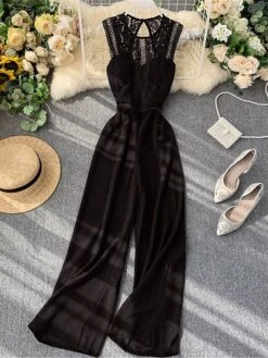 Women's Jumpsuit Lace Backless Solid Color Crew Neck Streetwear Street Going Out Regular Fit Sleeveless Black Yellow Wine One-Size Summer