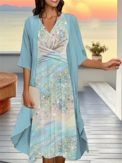 Women's Two Piece Dress Set Casual Dress Chiffon Dress Outdoor Daily Fashion Streetwear Knot Front Print Midi Dress V Neck 3/4 Length Sleeve Floral Plaid Regular Fit Silver Blue Purple Fall Winter S