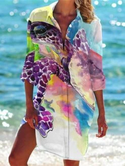 Women's Shirt Dress Casual Dress Shift Dress Mini Dress Outdoor Daily Date Polyester Fashion Classic Shirt Collar Pocket Print Half Sleeve Summer Spring 2023 Loose Fit White Red Navy Blue Fish S M L -Cheap Plus Fit Dress Store uikugk1677739844464