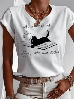 Women's T Shirt Tee White Cat Letter Print Short Sleeve Daily Weekend Basic Round Neck Regular Fit Cat Painting