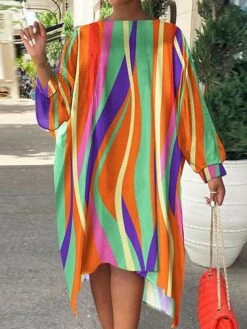 Women‘s Plus Size Curve Casual Dress Striped Crew Neck Long Sleeve Fall Winter Casual Midi Dress Daily Vacation Dress