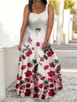 Women‘s Plus Size Curve Casual Dress Swing Dress Strap Dress Floral Butterfly Long Dress Maxi Dress Sleeveless Print Strap Romantic Daily Light Pink White Summer Spring L XL XXL 3XL 4XL -Cheap Plus Fit Dress Store ujareg1679903874097