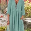 Women's Casual Dress Cotton Linen Dress Swing Dress Midi Dress Cotton Blend Casual Mature Daily Holiday Vacation V Neck Ruched Pocket 3/4 Length Sleeve Summer Spring 2023 Loose Fit Green Pure Color S