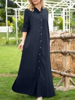 Women's Shirt Dress Casual Dress Maxi Long Dress Outdoor Daily Vacation Polyester Fashion Casual Shirt Collar Button Long Sleeve Summer Spring Fall 2023 Loose Fit Wine Navy Blue Green Plain S M L XL -Cheap Plus Fit Dress Store ujdqlw1689737495696