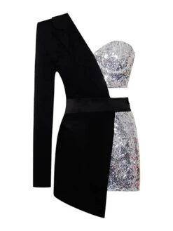 Women‘s Romper Sparkly Sequins Color Block One Shoulder Business Street Daily Wear Regular Fit Long Sleeve White Black S M L Fall -Cheap Plus Fit Dress Store ujydsy1636018820201