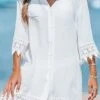 Women's Beach Dress Beach Wear Mini Dress Lace Casual Plain V Neck 3/4 Length Sleeve Vacation Going Out Almond 2023 Summer Spring S M L XL