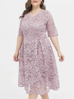 Women‘s Plus Size Curve Party Dress Lace Dress Cocktail Dress Midi Dress Black Pink Wine Half Sleeve Pure Color Lace Summer Spring Fall V Neck Fashion Birthday Wedding Guest Vacation 2023 -Cheap Plus Fit Dress Store ukxomh1691564485439