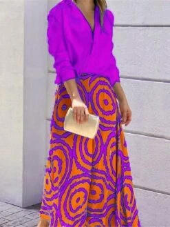 Women's Two Piece Dress Set Casual Dress Skirt Set Outdoor Daily Streetwear Modern Print Long Dress Maxi Dress Shirt Collar Long Sleeve Geometric Color Block Loose Fit Purple Fall Winter S M L XL XXL