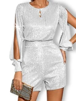 Women Party Jumpsuit Romper Sparkly Cut Out Sequin Solid Color Crew Neck Elegant Party Regular Fit Long Sleeve White Black Gold S M L Spring -Cheap Plus Fit Dress Store ulrjyn1645436712333