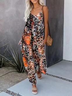 Women's Jumpsuit Pocket Print Leopard V Neck Streetwear Street Daily Regular Fit Sleeveless Royal Blue Fuchsia Orange S M L Summer