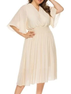 Women‘s Plus Size Curve Party Dress Wedding Guest Dress Swing Dress Midi Dress Black Beige Half Sleeve Pure Color Pleated Summer Spring Fall V Neck Party Birthday Wedding Guest Vacation 2023 -Cheap Plus Fit Dress Store umdwnz1691399369657