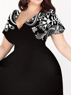 Women‘s Plus Size Curve Casual Dress A Line Dress Graphic Midi Dress Short Sleeve Print V Neck Elegant Holiday Black White Summer Spring L XL XXL 3XL 4XL -Cheap Plus Fit Dress Store umjzak1678188500644