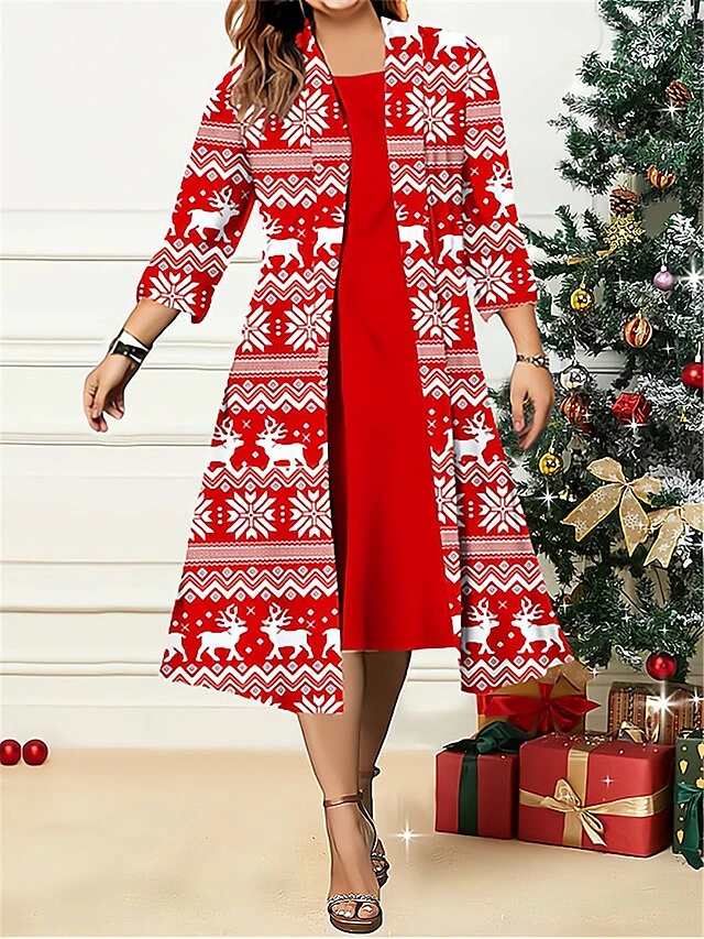 Women's Plus Size Two Piece Dress Set Casual Dress Swing Dress Outdoor Office Fashion Streetwear Print Midi Dress Crew Neck 3/4 Length Sleeve Geometric Deer Regular Fit White Wine Red Fall Winter L 2 Women's Plus Size Two Piece Dress Set Casual Dress Swing Dress Outdoor Office Fashion Streetwear Print Midi Dress Crew Neck 3/4 Length Sleeve Geometric Deer Regular Fit White Wine Red Fall Winter L - Image 2