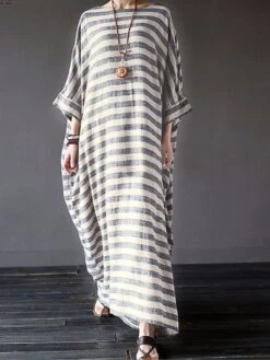 Women's Cotton Linen Dress Casual Dress Maxi Long Dress Linen Cotton Blend Casual Outdoor Daily Crew Neck Print Long Sleeve Summer Spring Fall 2023 Loose Fit Black Gray Striped S M L XL 2XL -Cheap Plus Fit Dress Store unlwjc1672828237446