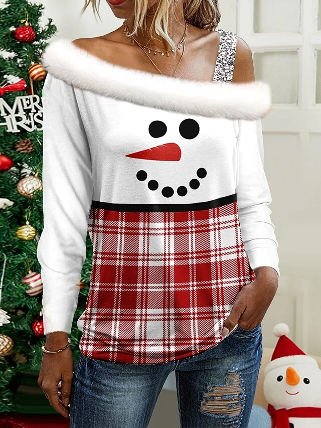 Women's Blouse Christmas Shirt Pink Red Blue Plaid Snowman Print Long Sleeve Christmas Casual Festival / Holiday Fur Collar Regular Fit Spring &Fall 1 Women's Blouse Christmas Shirt Pink Red Blue Plaid Snowman Print Long Sleeve Christmas Casual Festival / Holiday Fur Collar Regular Fit Spring &Fall