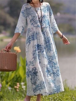 Women's Casual Dress Cotton Linen Dress Swing Dress Midi Dress Linen / Cotton Blend Sweet Style Modern Outdoor Daily Holiday Crew Neck Print 3/4 Length Sleeve Fall Winter Autumn 2023 Loose Fit Light 13 Women's Casual Dress Cotton Linen Dress Swing Dress Midi Dress Linen / Cotton Blend Sweet Style Modern Outdoor Daily Holiday Crew Neck Print 3/4 Length Sleeve Fall Winter Autumn 2023 Loose Fit Light -Cheap Plus Fit Dress Store unpygs1693553152568