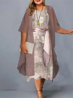 Women‘s Plus Size Curve Casual Dress Dress Set Two Piece Dress Floral Midi Dress 3/4 Length Sleeve Crew Neck Fashion Daily Pink Wine Summer Spring L XL XXL 3XL 4XL -Cheap Plus Fit Dress Store unqqqp1672899877156