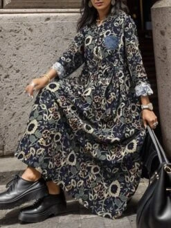 Women's Casual Dress Cotton Linen Dress Swing Dress Maxi Long Dress Linen Cotton Blend Daily Casual Outdoor Daily Vacation Split Neck Button Print Long Sleeve Spring Fall Winter 2023 Loose Fit Yellow