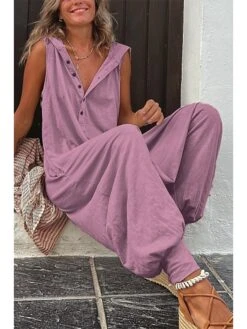 Women's Jumpsuits Casual Utility Button Solid Color Hooded Streetwear Daily Vacation Regular Fit Sleeveless Black Yellow Purple S M L Summer Fall -Cheap Plus Fit Dress Store uoegnz1677565870615