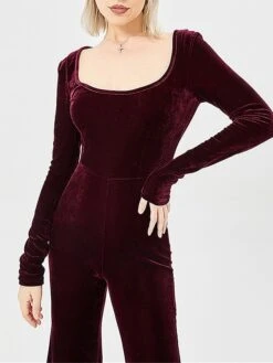 Women‘s Jumpsuit High Waist Velvet Disco Queen Wedding Solid Color U Neck Daily Regular Fit Long Sleeve Wine Navy Blue S M L Fall -Cheap Plus Fit Dress Store uoewbs1693388138785